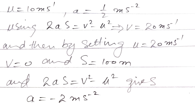 A car rounds a bend at 10 ms^-1, and then accelerates at 1/2ms^-2 along a straight stretch of road. There is a junction 400 m from the bend.