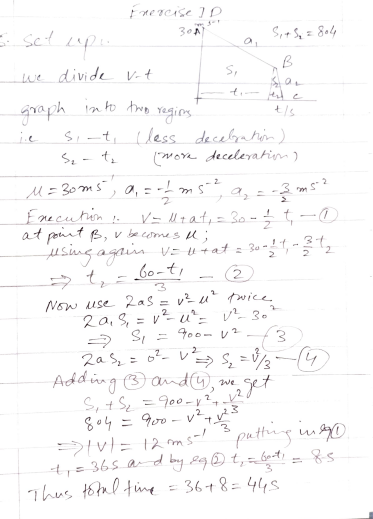 A car comes to a stop from a speed of 30 m s in a distance of 804 m. The driver brakes so as to produce a deceleration of m s2 to begin with,