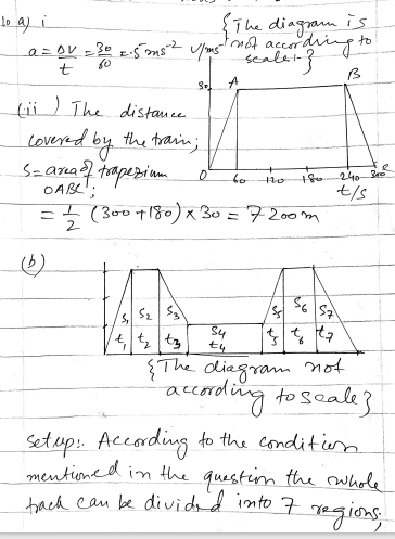 A train travels from a station P to the next station Q, arriving at Q exactly 5 minutes after leaving P. The (t,v) graph for the train's journey is approximated by three straight line segments, as shown in the figure. (i) Write down the acceleration of the train during the first minute of the journey. (ii) Find the distance from P to Q.