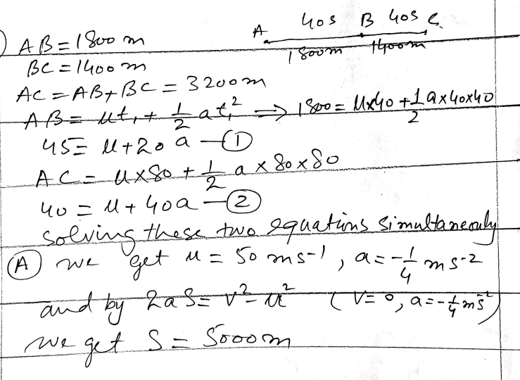 A train is slowing down with constant deceleration. It passes a signal at A, and after successive intervals of 40 seconds it passes points B and C, where AB = 1800 m and BC= 1400 m.